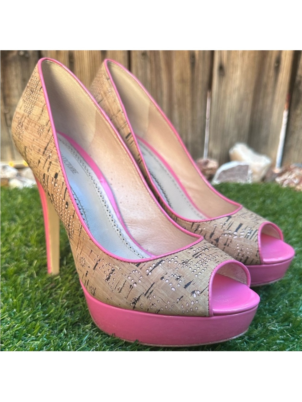 Pour La Victoire Pink Trim Cork Peep-Toe Platform Pumps - Picture 8 of 8